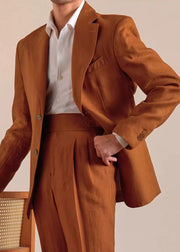 Caramel Pockets Solid Linen Casual Clothing Men Coat Notched
