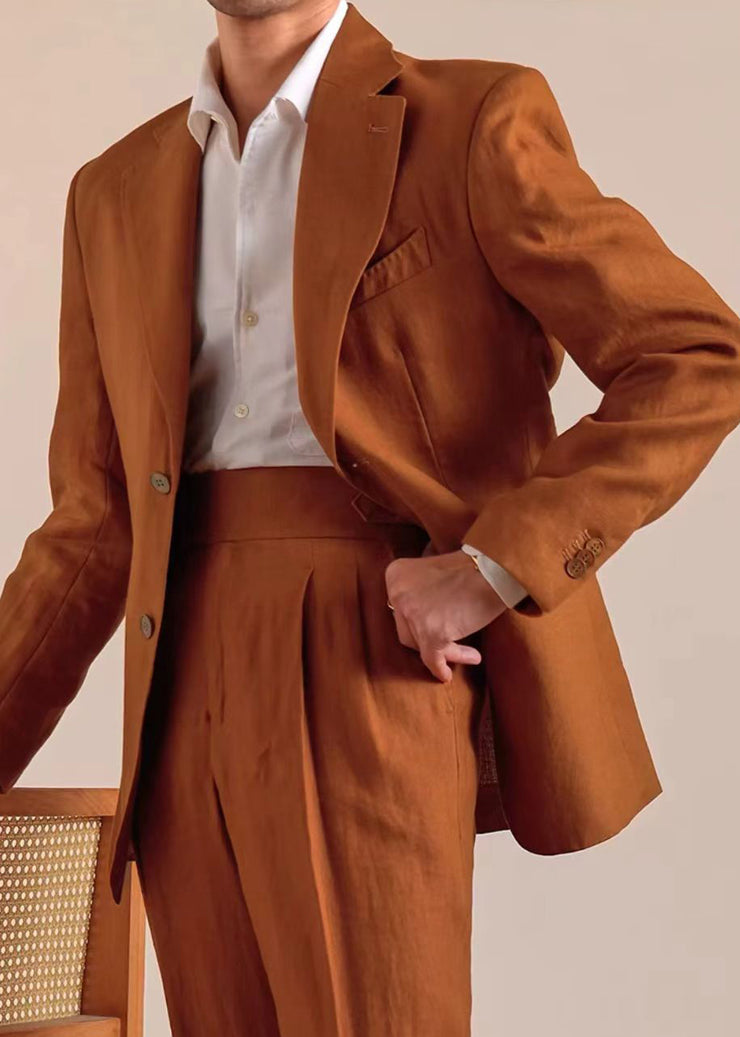 Caramel Pockets Solid Linen Casual Clothing Men Coat Notched