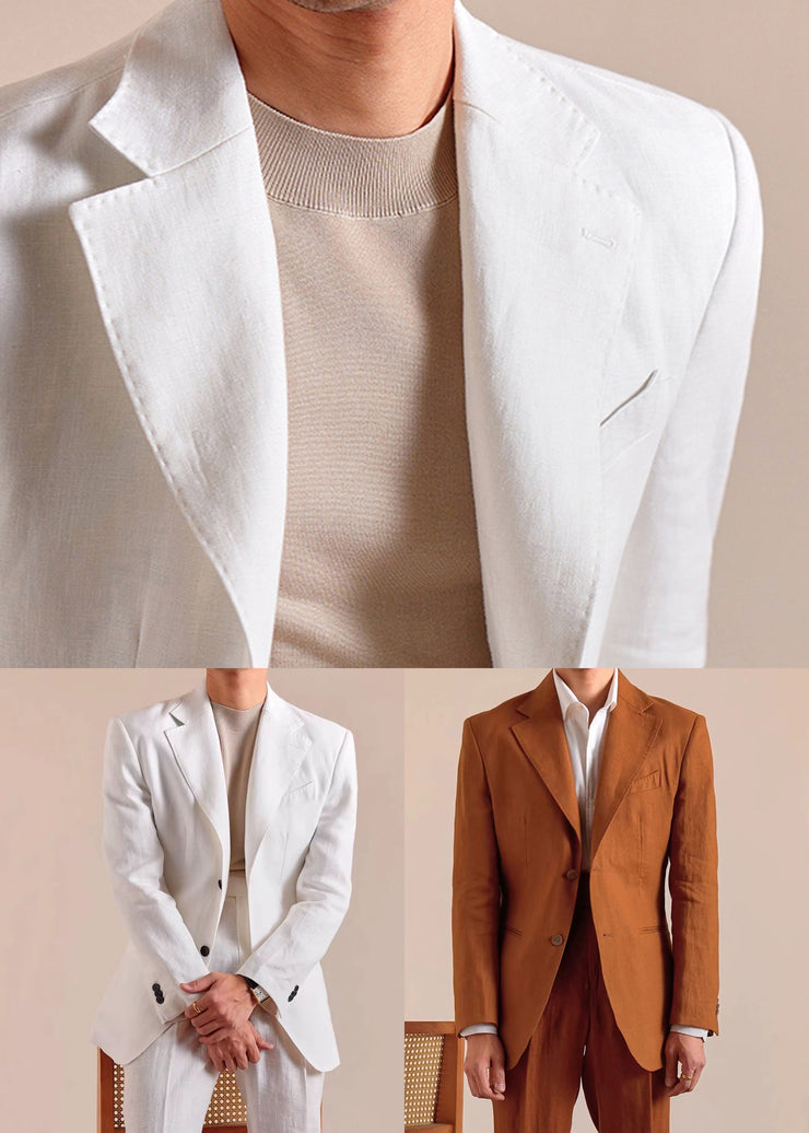 Caramel Pockets Solid Linen Casual Clothing Men Coat Notched