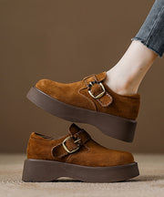 Caramel Suede Platform Flat Shoes For Women Splicing Buckle Strap
