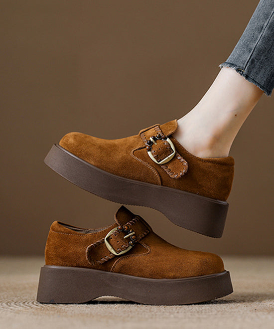 Caramel Suede Platform Flat Shoes For Women Splicing Buckle Strap