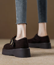 Caramel Suede Platform Flat Shoes For Women Splicing Buckle Strap