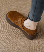 Caramel Suede Platform Flat Shoes For Women Splicing Buckle Strap