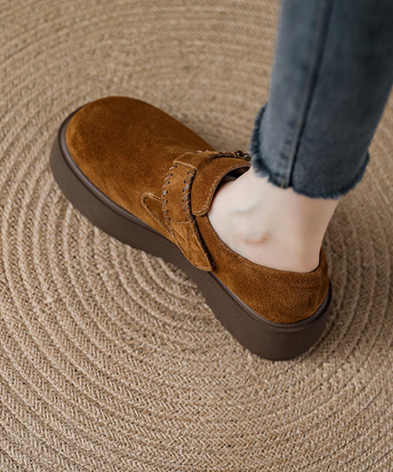 Caramel Suede Platform Flat Shoes For Women Splicing Buckle Strap