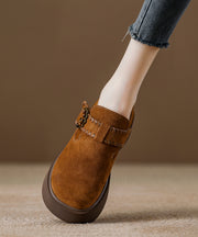 Caramel Suede Platform Flat Shoes For Women Splicing Buckle Strap