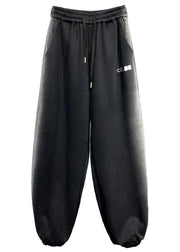 Casual And Comfortable Black Elastic Waist Warm Fleece Beam Pants Winter