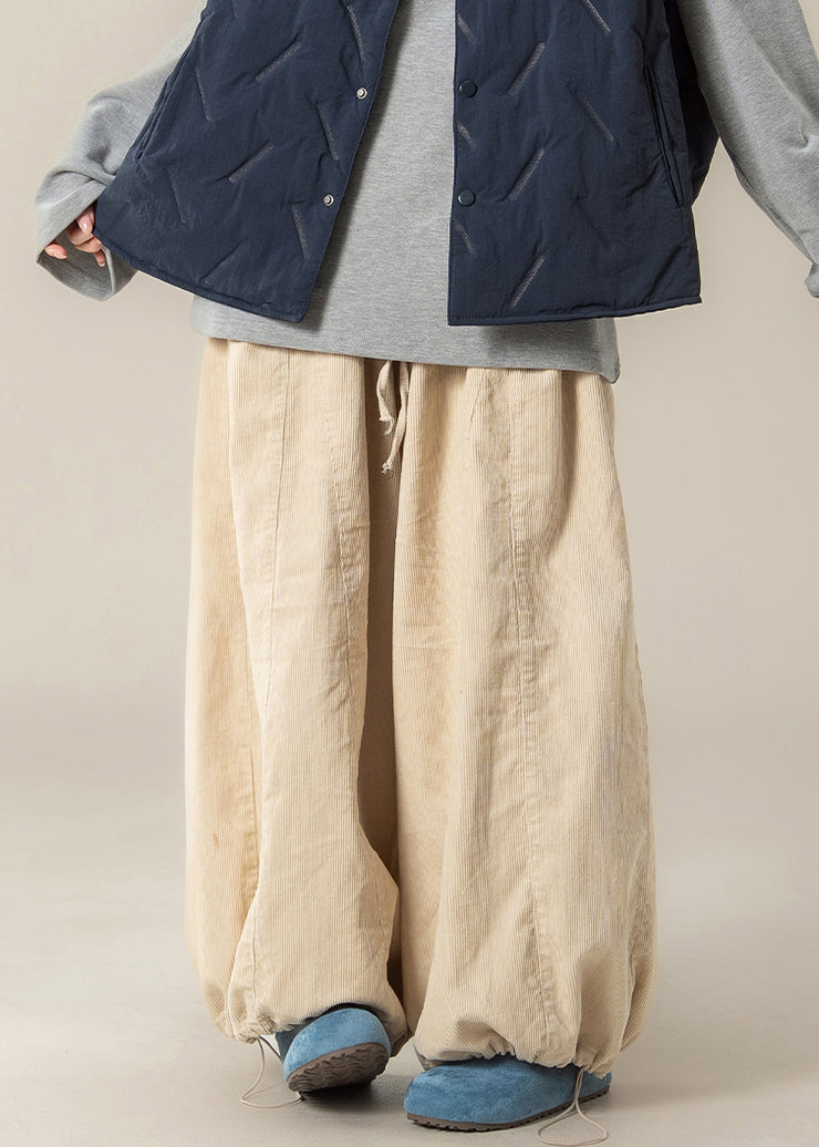 Casual Apricot Drawstring High Waist Cotton Beam Pants Fall