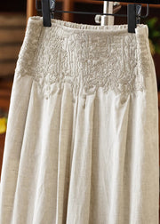 Casual Apricot High Waist Embroidered Linen Wide Leg Pants Fall