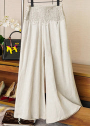 Casual Apricot High Waist Embroidered Linen Wide Leg Pants Fall
