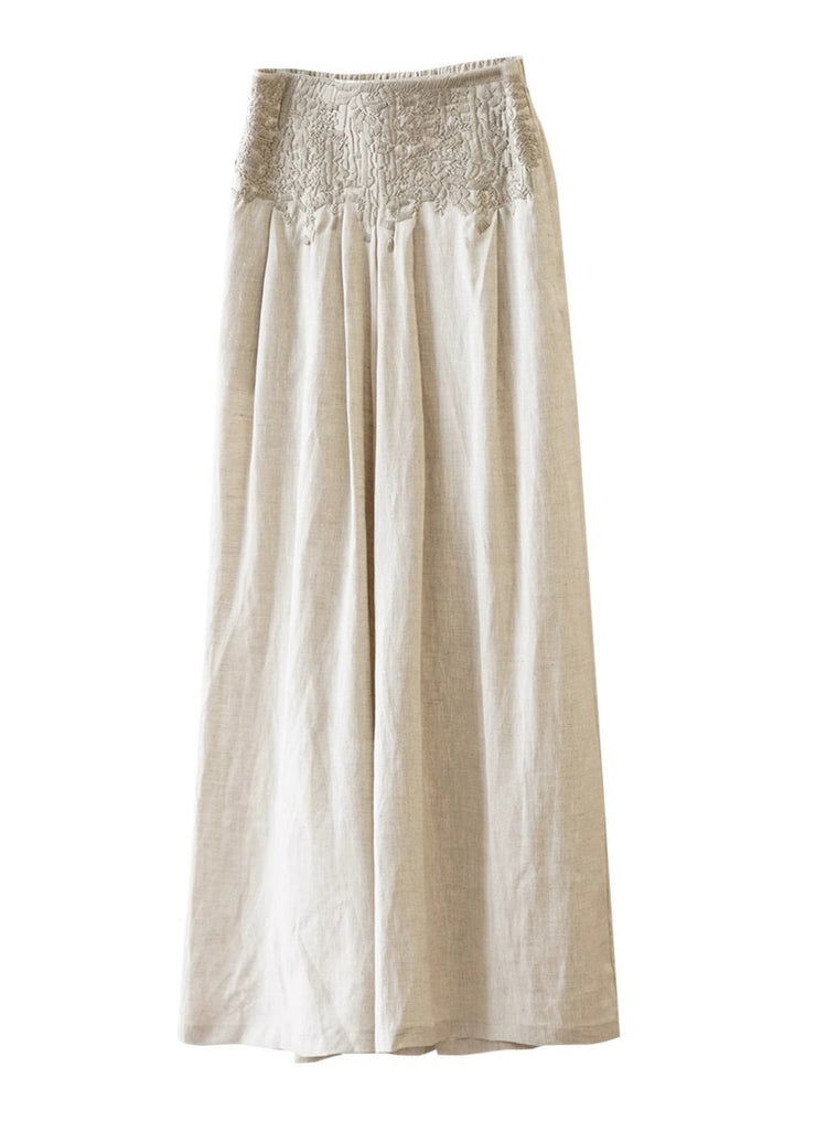 Casual Apricot High Waist Embroidered Linen Wide Leg Pants Fall