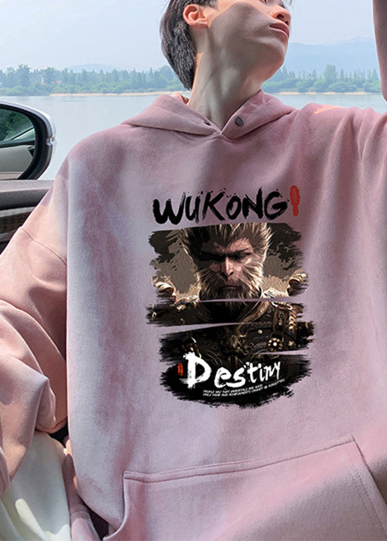 Casual Apricot Hooded Print Cotton Men Pullover Streetwear Spring