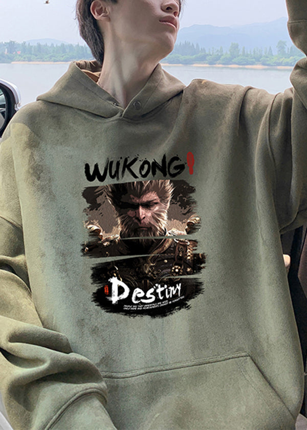 Casual Apricot Hooded Print Cotton Men Pullover Streetwear Spring
