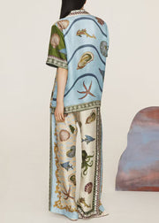 Casual Apricot Peter Pan Collar Button Shirts And Wide Leg Pants Two-Piece Set Summer