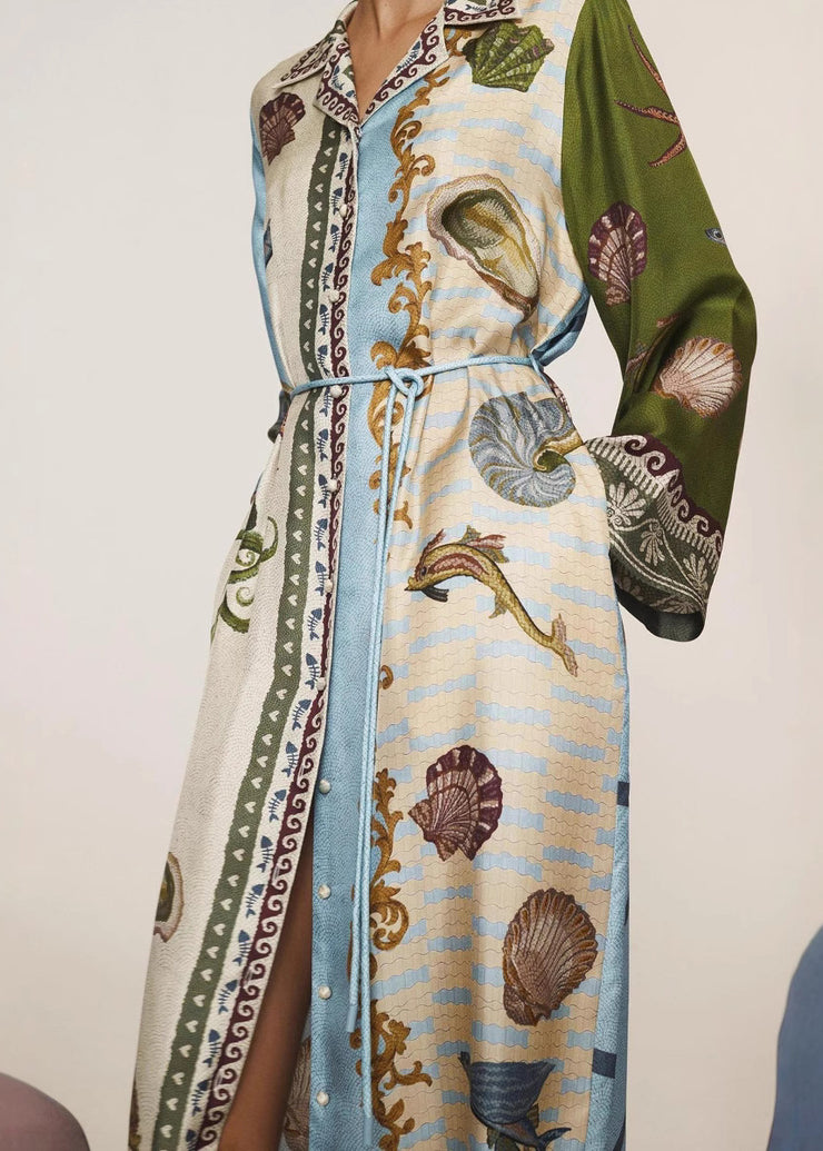 Casual Apricot Peter Pan Collar Print Button Long Shirts Dress Fall