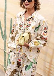 Casual Apricot Peter Pan Collar Tiger Print Shirts And Wide Leg Pants Two Piece Set Fall