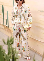 Casual Apricot Peter Pan Collar Tiger Print Shirts And Wide Leg Pants Two Piece Set Fall