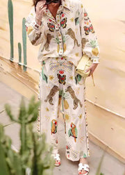 Casual Apricot Peter Pan Collar Tiger Print Shirts And Wide Leg Pants Two Piece Set Fall