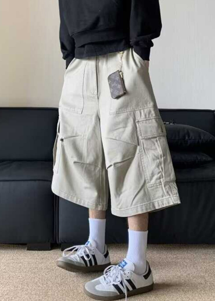Casual Apricot Pockets High Waist Cotton Men Crop Pants Summer