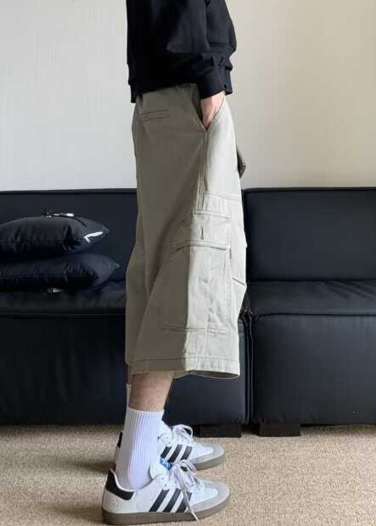 Casual Apricot Pockets High Waist Cotton Men Crop Pants Summer