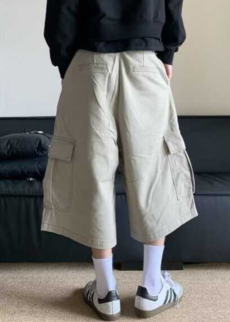 Casual Apricot Pockets High Waist Cotton Men Crop Pants Summer
