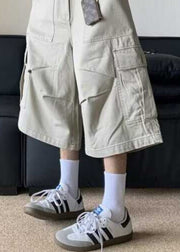 Casual Apricot Pockets High Waist Cotton Men Crop Pants Summer