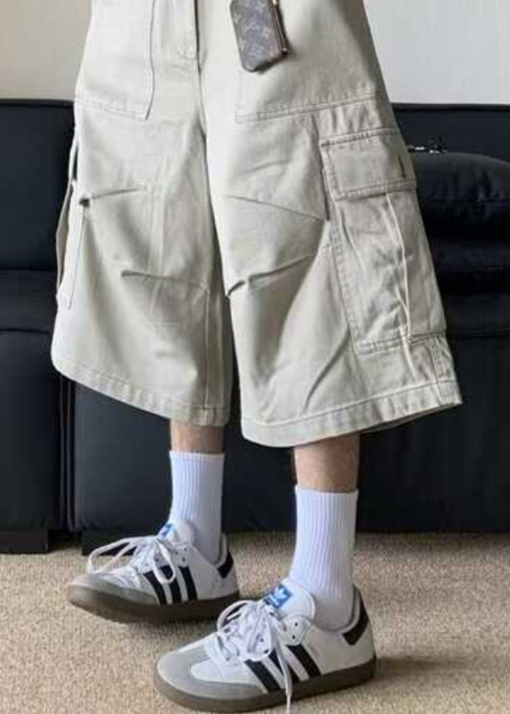 Casual Apricot Pockets High Waist Cotton Men Crop Pants Summer