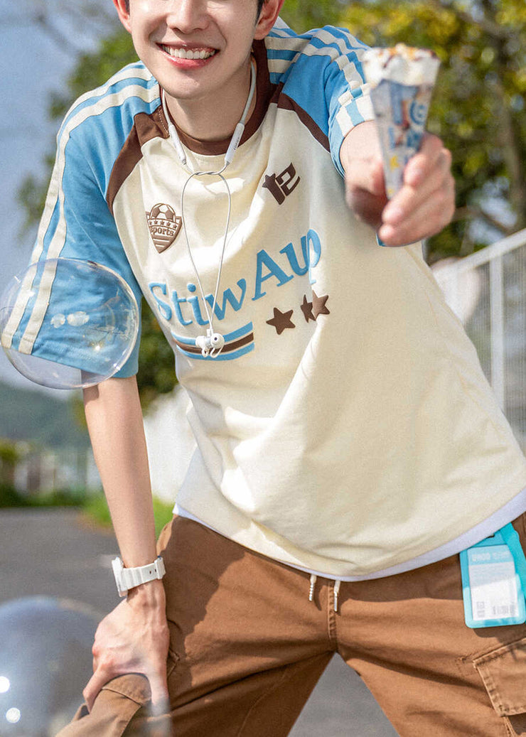 Casual Apricot Print Patchwork Cotton Men T Shirts Summer