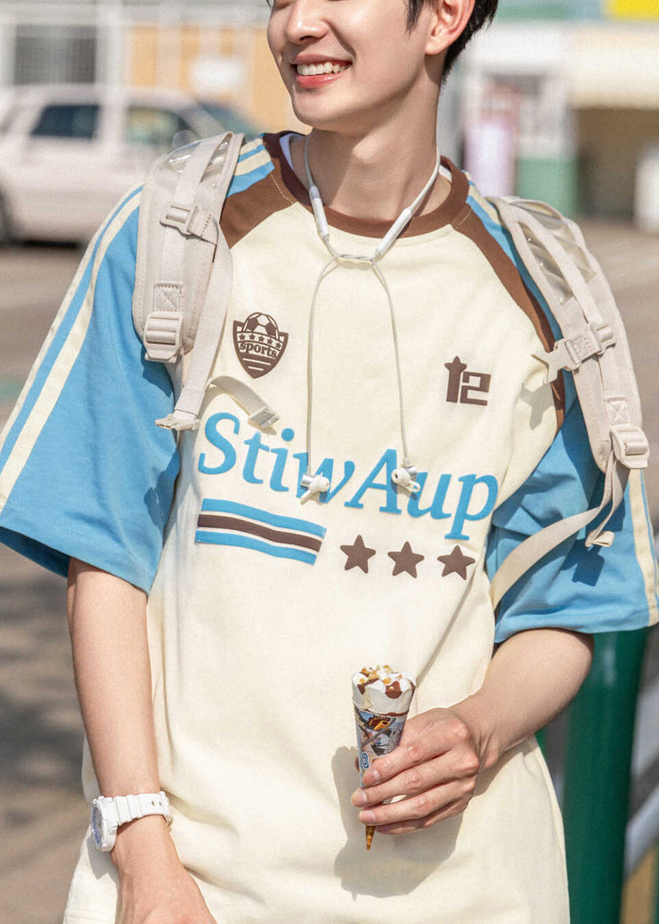 Casual Apricot Print Patchwork Cotton Men T Shirts Summer