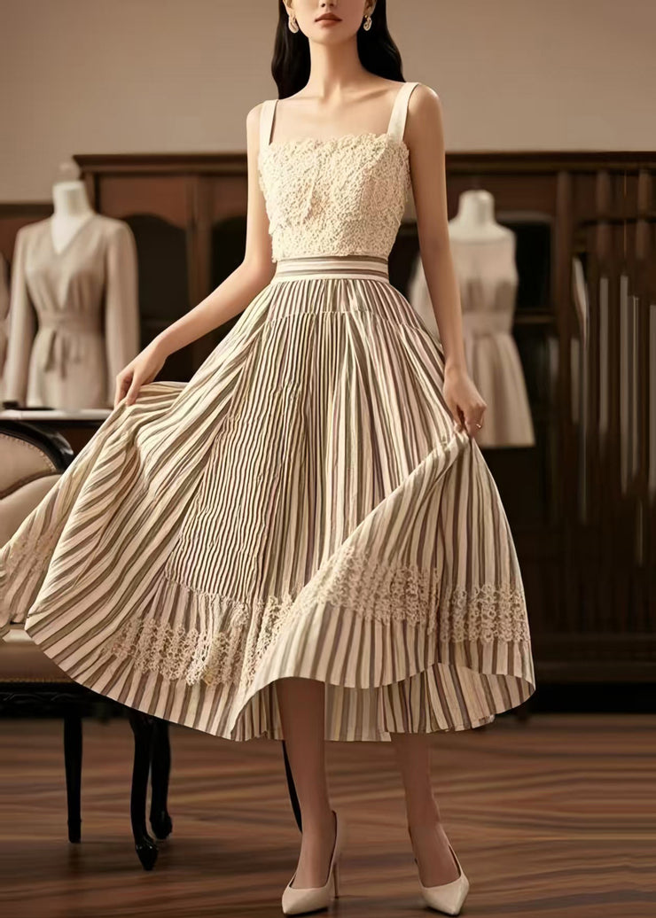 Casual Apricot Striped Exra Large Hem Cotton Skirts Summer