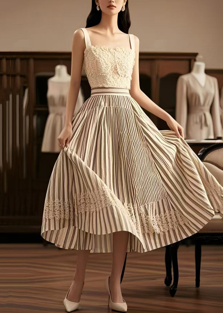 Casual Apricot Striped Exra Large Hem Cotton Skirts Summer