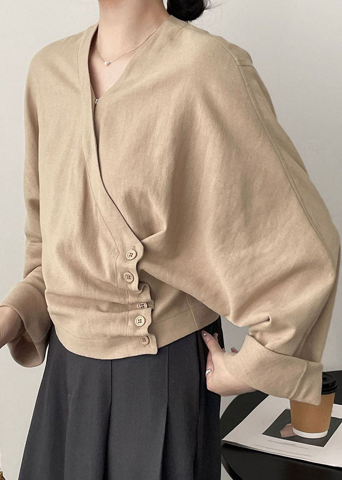 Casual Apricot V Neck Asymmetrical Cozy Top Long Sleeve