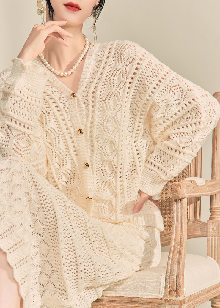 Casual Apricot V Neck Button Knit Cardigans And Maxi Skirts Two Pieces Set Fall