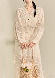 Casual Apricot V Neck Button Knit Cardigans And Maxi Skirts Two Pieces Set Fall