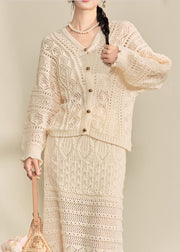 Casual Apricot V Neck Button Knit Cardigans And Maxi Skirts Two Pieces Set Fall