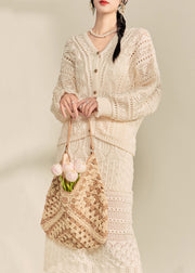Casual Apricot V Neck Button Knit Cardigans And Maxi Skirts Two Pieces Set Fall