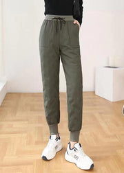 Casual Army Green Elastic Waist Pockets Duck Down Harem Pants Winter