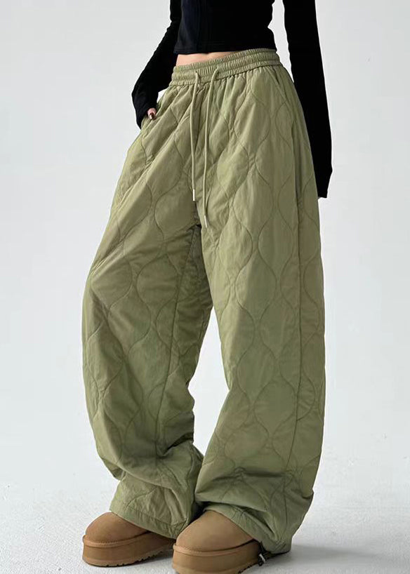 Casual Army Green Pockets Elastic Waist Cotton Filled Pants Winter