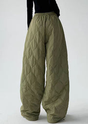 Casual Army Green Pockets Elastic Waist Cotton Filled Pants Winter