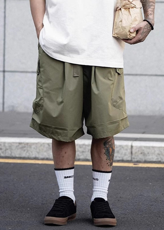 Casual Army Green Pockets Elastic Waist Cotton Men Shorts Summer