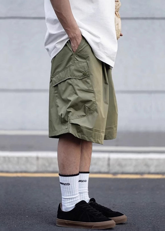Casual Army Green Pockets Elastic Waist Cotton Men Shorts Summer