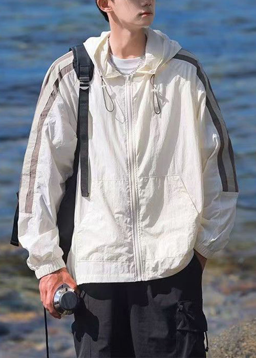Casual Beige Hooded Striped Patchwork Ice Silk Mens UPF 50+ Coat Summer