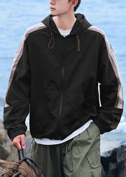 Casual Beige Hooded Striped Patchwork Ice Silk Mens UPF 50+ Coat Summer