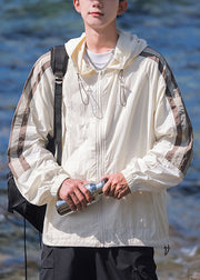 Casual Beige Hooded Striped Patchwork Ice Silk Mens UPF 50+ Coat Summer