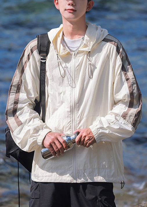 Casual Beige Hooded Striped Patchwork Ice Silk Mens UPF 50+ Coat Summer