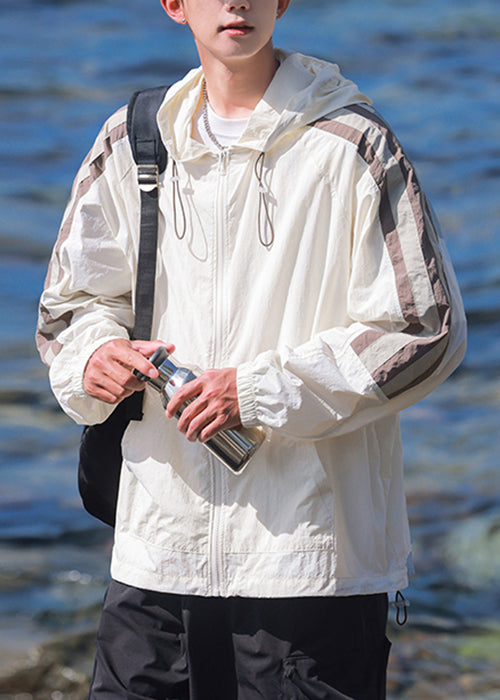 Casual Beige Hooded Striped Patchwork Ice Silk Mens UPF 50+ Coat Summer
