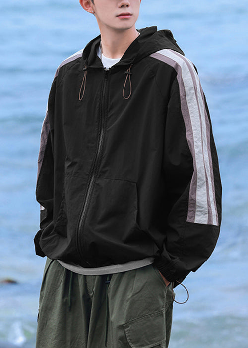 Casual Beige Hooded Striped Patchwork Ice Silk Mens UPF 50+ Coat Summer