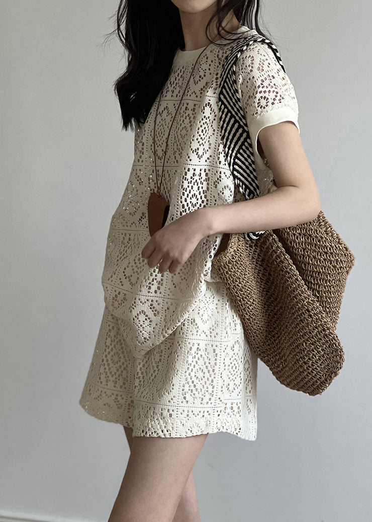Casual Beige O-Neck Hollow Out Top And Shorts Two Pieces Set Summer