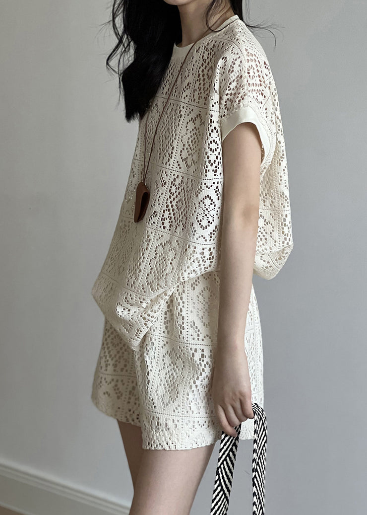 Casual Beige O-Neck Hollow Out Top And Shorts Two Pieces Set Summer