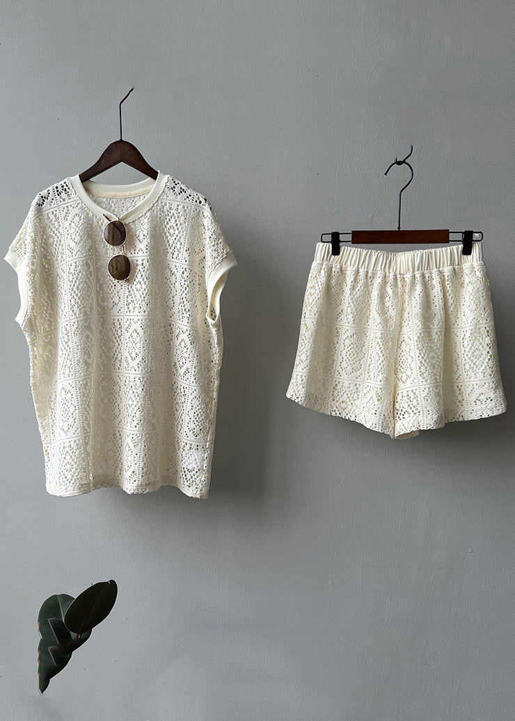 Casual Beige O-Neck Hollow Out Top And Shorts Two Pieces Set Summer