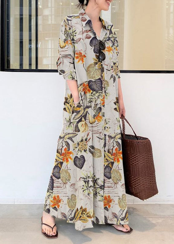 Casual Beige Oversized Print Cotton Shirt Ankle Dress Spring